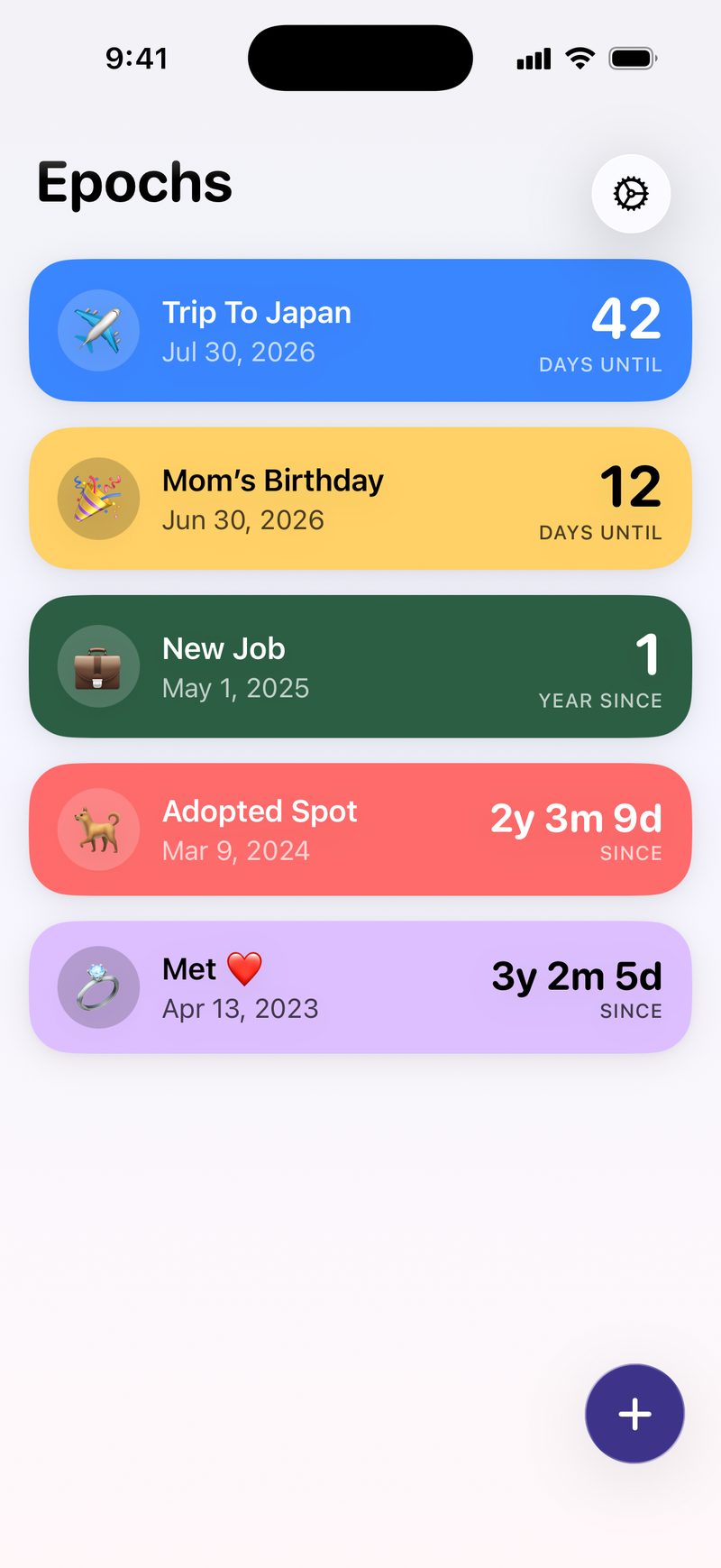 The Epoch app showing a list of milestones counting down to upcoming dates and up from past ones.